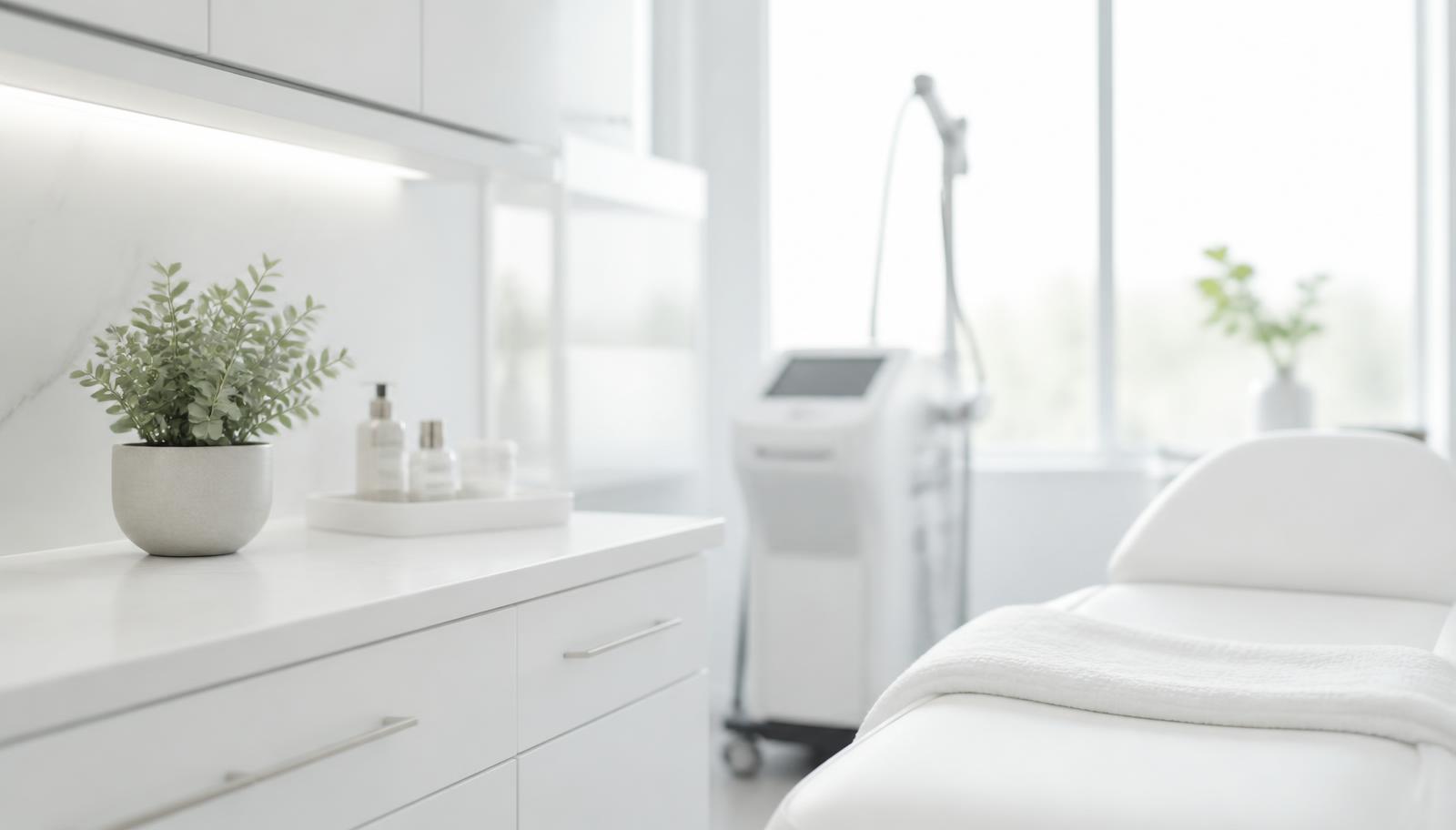 Helles, weisses Behandlungszimmer einer dermatologischen Praxis mit Lasergeraet und Behandlungsliege