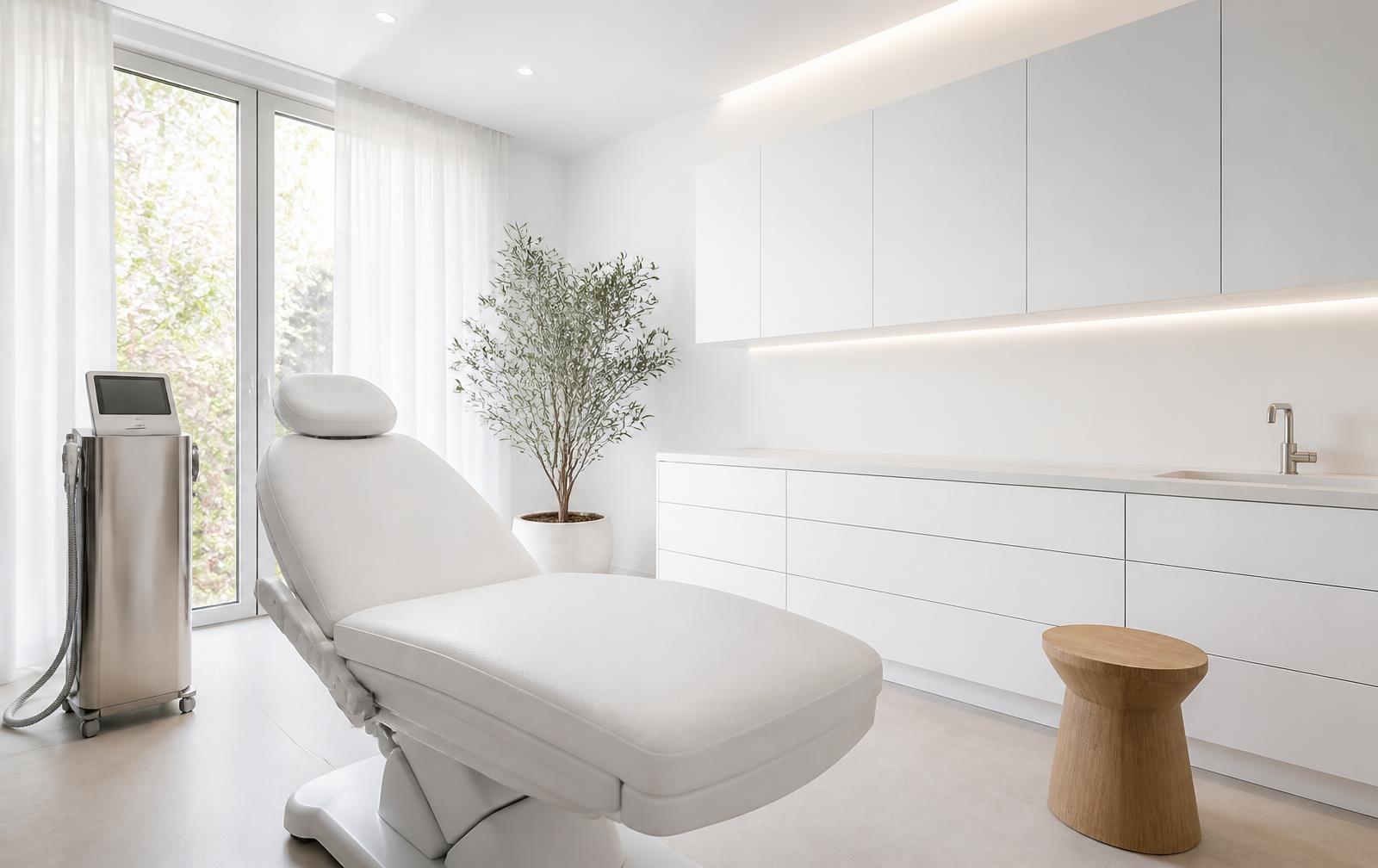 Helles weisses Behandlungszimmer einer aesthetischen Praxis, Umfeld, fuer das das ScaleBeauty System entwickelt wurde